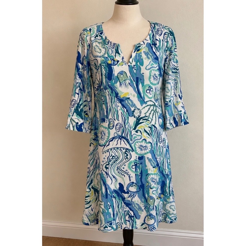 Charlie Paige Blue Green Jellyfish Aquatic Print Split Neck Ruffle Dress L/XL